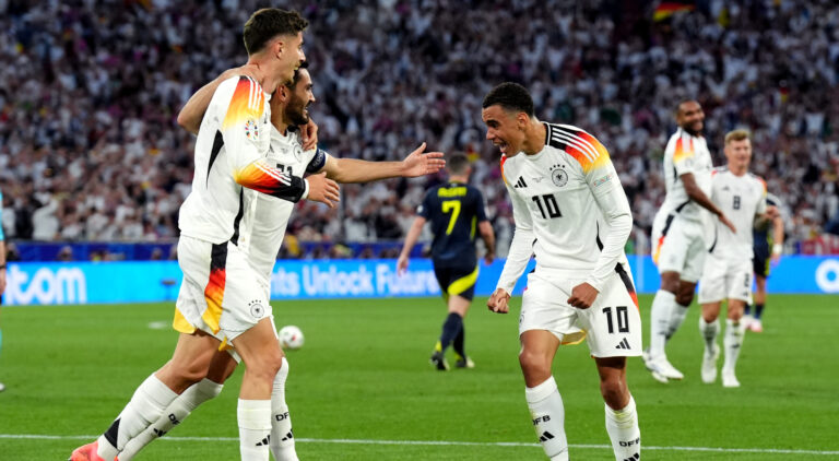 Germany's Jamal Musiala (right) celebrates scoring their side's second goal of the game during the UEFA Euro 2024 Group A match at the Munich Football Arena in Munich, Germany. Picture date: Friday June 14, 2024.,Image: 881666673, License: Rights-managed, Restrictions: Use subject to restrictions. Editorial use only, no commercial use without prior consent from rights holder., Model Release: no, Credit line: Andrew Milligan / PA Images / Forum