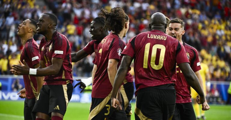 Belgium's Romelu Lukaku, Belgium's Youri Tielemans, Belgium's Dodi Lukebakio and Belgium's Timothy Castagne celebrate after scoring during a soccer game between Belgian national soccer team Red Devils and Romania, Saturday 22 June 2024 in Cologne, Germany, the second match in the group stage of the UEFA Euro 2024 European championships.,Image: 883919850, License: Rights-managed, Restrictions: , Model Release: no, Credit line: DIRK WAEM / Belga Press / Forum