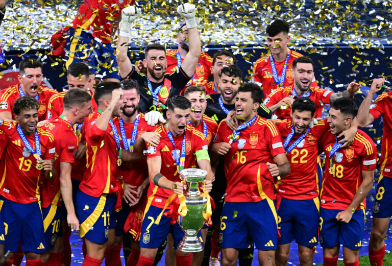 Soccer Football - Euro 2024 - Final - Spain v England - Berlin Olympiastadion, Berlin, Germany - July 14, 2024 Spain's Alvaro Morata lifts the trophy as he celebrates with teammates after winning Euro 2024,Image: 889720762, License: Rights-managed, Restrictions: , Model Release: no, Credit line: Angelika Warmuth / Reuters / Forum