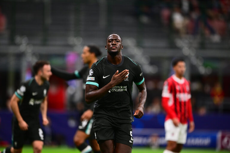 Ibrahima Konate of Liverpool FC celebrates after scoring his team's first goal during the UEFA Champions League 2024/25 League Phase MD1 match between AC Milan and Liverpool FC at Stadio Giuseppe Meazza (San Siro) on September 17, 2024 in Milan, Italy.   (Photo by Andrea Bruno Diodato/DeFodi Images) 
LIGA MISTRZOW PILKA NOZNA SEZON 2024/2025
FOT.DEFODI IMAGES/newspix.pl / 400mm.pl
POLAND ONLY!

---
newspix.pl / 400mm.pl