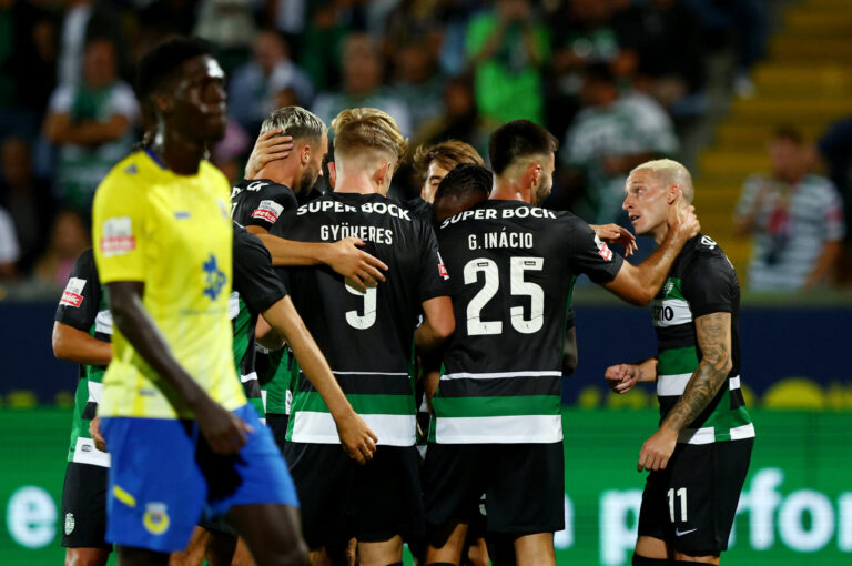 Soccer Football - Primeira Liga - Arouca v Sporting CP - Estadio Municipal de Arouca, Arouca, Portugal - September 13, 2024 Sporting CP's Nuno Santos celebrates their second goal, an own goal scored by Arouca's Mamadou Loum,Image: 907397005, License: Rights-managed, Restrictions: , Model Release: no, Credit line: Pedro Nunes / Reuters / Forum