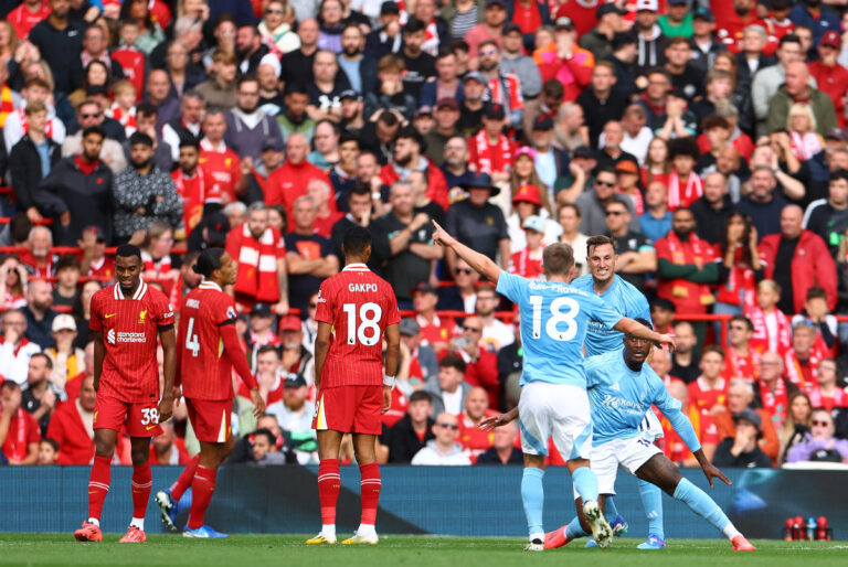 Soccer Football - Premier League - Liverpool v Nottingham Forest - Anfield, Liverpool, Britain - September 14, 2024 Nottingham Forest's Callum Hudson-Odoi celebrates scoring their first goal with James Ward-Prowse and Chris Wood  EDITORIAL USE ONLY. NO USE WITH UNAUTHORIZED AUDIO, VIDEO, DATA, FIXTURE LISTS, CLUB/LEAGUE LOGOS OR 'LIVE' SERVICES. ONLINE IN-MATCH USE LIMITED TO 120 IMAGES, NO VIDEO EMULATION. NO USE IN BETTING, GAMES OR SINGLE CLUB/LEAGUE/PLAYER PUBLICATIONS. PLEASE CONTACT YOUR ACCOUNT REPRESENTATIVE FOR FURTHER DETAILS..,Image: 907617738, License: Rights-managed, Restrictions: NO USE WITH UNAUTHORIZED AUDIO, VIDEO, DATA, FIXTURE LISTS, CLUB/LEAGUE LOGOS OR “LIVE” SERVICES. ONLINE IN-MATCH USE LIMITED TO 45 IMAGES, NO VIDEO EMULATION. NO USE IN BETTING, GAMES OR SINGLE CLUB/LEAGUE/PLAYER PUBLICATIONS., Model Release: no, Credit line: Molly Darlington / Reuters / Forum