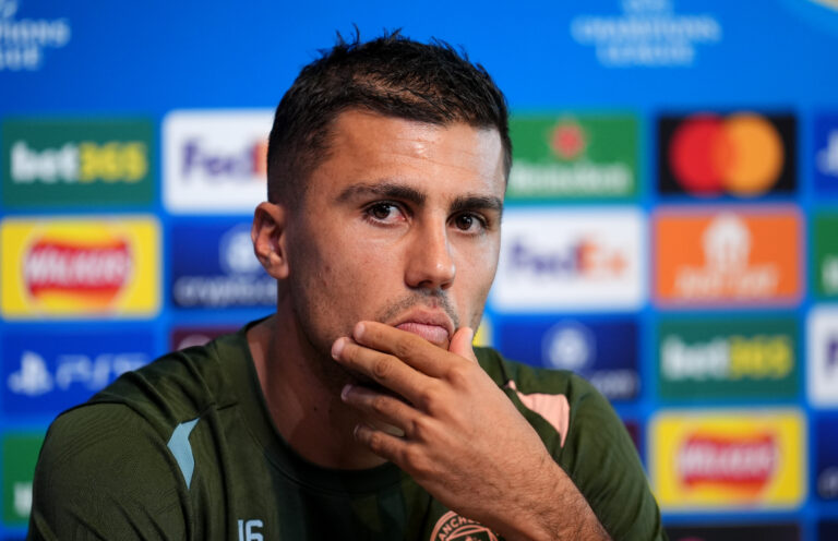 Manchester City's Rodri during a press conference at the City Football Academy, Manchester. Picture date: Tuesday September 17, 2024.,Image: 909038046, License: Rights-managed, Restrictions: Use subject to restrictions. Editorial use only, no commercial use without prior consent from rights holder., Model Release: no, Credit line: Martin Rickett / PA Images / Forum