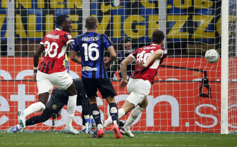 Soccer Football - Serie A - Inter Milan v AC Milan - San Siro, Milan, Italy - September 22, 2024 AC Milan's Matteo Gabbia scores their second goal,Image: 910802397, License: Rights-managed, Restrictions: , Model Release: no, Credit line: Alessandro Garofalo / Reuters / Forum