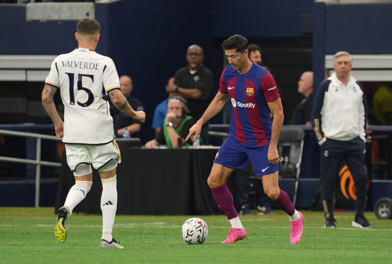 Arlington, Texas, United States: Barcelona's Robert Lewandowski in action during the Soccer Champions Tour game between Barcelona and Real Madrid played at AT&amp;T Stadium on Saturday July 29, 2023.  (Photo by Javier Vicencio / Eyepix Group/Sipa USA)
2023.07.29 Arlington
pilka nozna sparing
FC Barcelona - Real Madryt
Foto Javier Vicencio / Eyepix Group/SIPA USA/PressFocus

!!! POLAND ONLY !!!