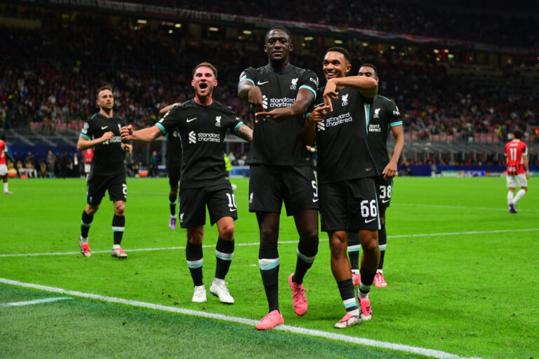 Ibrahima Konate of Liverpool FC celebrates after scoring his team's first goal during the UEFA Champions League 2024/25 League Phase MD1 match between AC Milan and Liverpool FC at Stadio Giuseppe Meazza (San Siro) on September 17, 2024 in Milan, Italy.   (Photo by Andrea Bruno Diodato/DeFodi Images) 
LIGA MISTRZOW PILKA NOZNA SEZON 2024/2025
FOT.DEFODI IMAGES/newspix.pl / 400mm.pl
POLAND ONLY!

---
newspix.pl / 400mm.pl