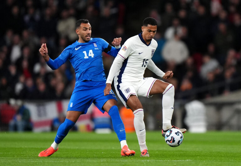 Greece's Evangelos Pavlidis (left) and England's Levi Colwill battle for the ball during the UEFA Nations League Group B2 match at Wembley Stadium, London. Picture date: Thursday October 10, 2024.,Image: 919198399, License: Rights-managed, Restrictions: Use subject to FA restrictions. Editorial use only. Commercial use only with prior written consent of the FA. No editing except cropping., Model Release: no, Credit line: Bradley Collyer / PA Images / Forum