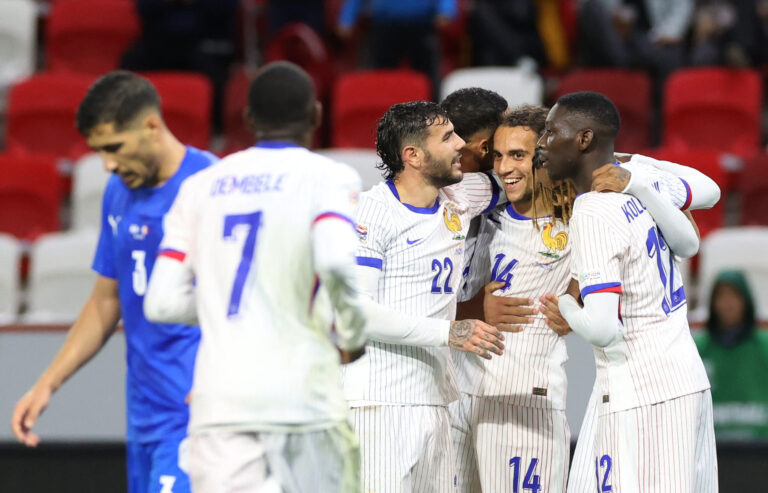 Soccer Football - UEFA Nations League - Group A2 - Israel v France - Bozsik Arena, Budapest, Hungary - October 10, 2024 France's Matteo Guendouzi celebrates scoring their third goal with teammates,Image: 919239876, License: Rights-managed, Restrictions: , Model Release: no, Credit line: Bernadett Szabo / Reuters / Forum