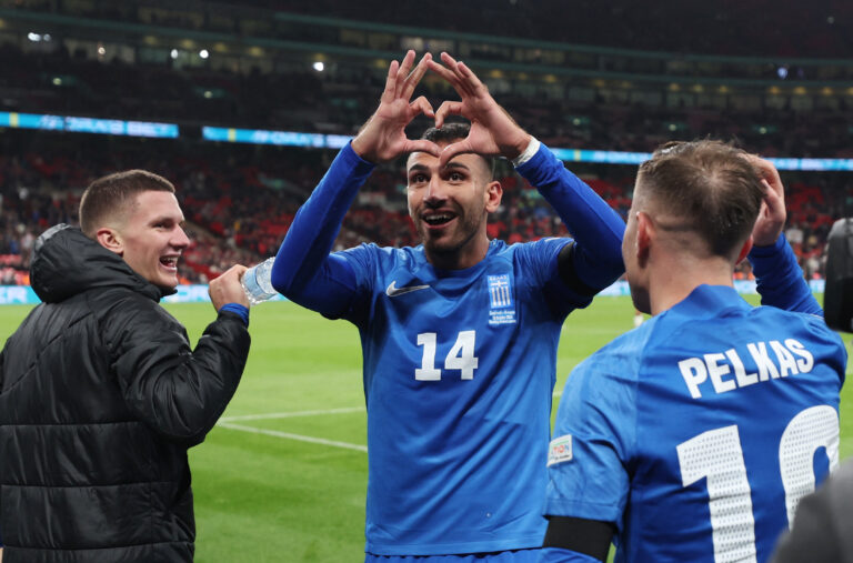 Soccer Football - UEFA Nations League - Group B2 - England v Greece - Wembley Stadium, London, Britain - October 10, 2024 Greece's Vangelis Pavlidis celebrates scoring their second goal,Image: 919243888, License: Rights-managed, Restrictions: , Model Release: no, Credit line: Paul Childs / Reuters / Forum