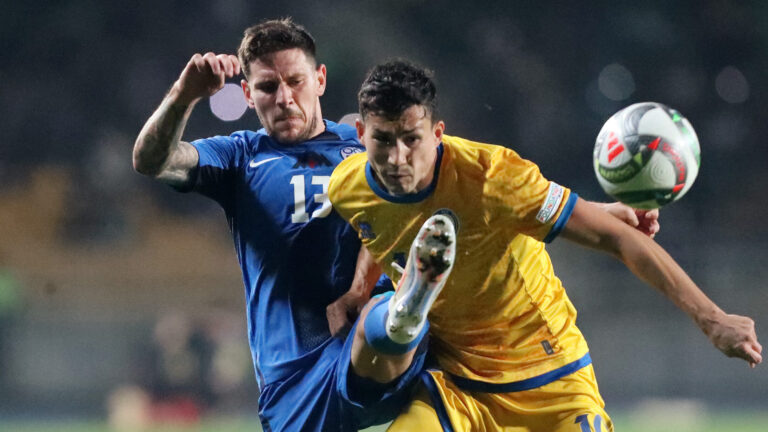 Soccer Football - UEFA Nations League - Group B3 - Kazakhstan v Slovenia - Central Stadium, Almaty, Kazakhstan - October 13, 2024 Slovenia's Erik Janza in action with Kazakhstan's Baktiyor Zainutdinov,Image: 920482963, License: Rights-managed, Restrictions: , Model Release: no, Credit line: Pavel Mikheyev / Reuters / Forum