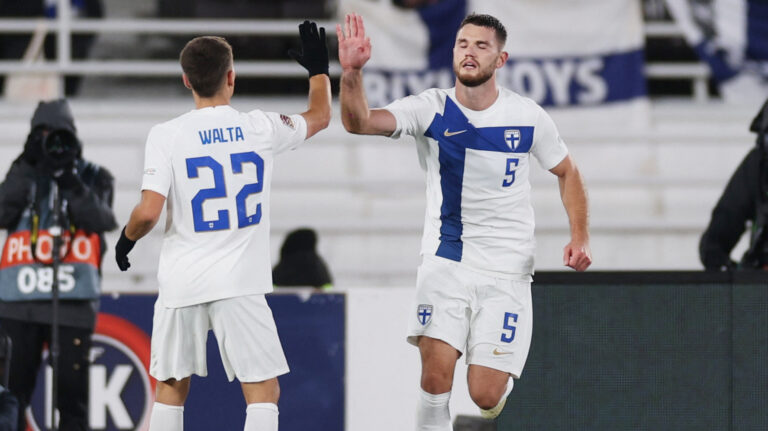 Soccer Football - UEFA Nations League - Group F - Finland v England - Helsinki Olympic Stadium, Helsinki, Finland - October 13, 2024 Finland's Arttu Hoskonen celebrates scoring their first goal with Leo Walta,Image: 920571463, License: Rights-managed, Restrictions: , Model Release: no, Credit line: Lee Smith / Reuters / Forum