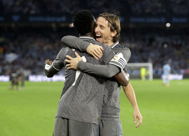 Soccer Football - LaLiga - Celta Vigo v Real Madrid - Estadio de Balaidos, Vigo, Spain - October 19, 2024 Real Madrid's Vinicius Junior celebrates scoring their second goal with Real Madrid's Luka Modric,Image: 923610663, License: Rights-managed, Restrictions: , Model Release: no, Credit line: Miguel Vidal / Reuters / Forum