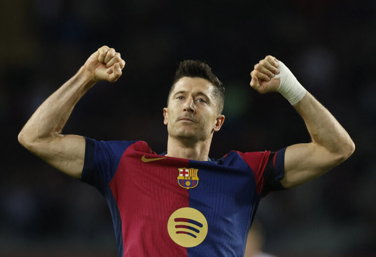 Soccer Football - LaLiga - FC Barcelona v Sevilla - Estadi Olimpic Lluis Companys, Barcelona, Spain - October 20, 2024 FC Barcelona's Robert Lewandowski celebrates scoring their first goal,Image: 924062861, License: Rights-managed, Restrictions: , Model Release: no, Credit line: Albert Gea / Reuters / Forum