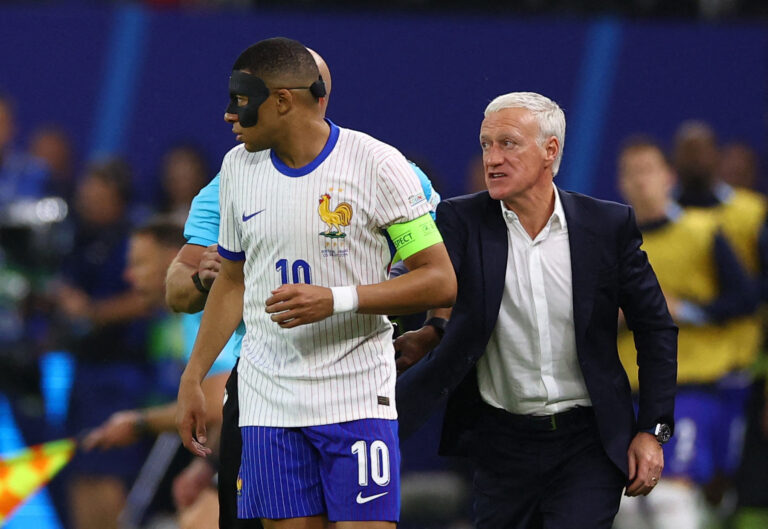 Soccer Football - Euro 2024 - Quarter Final - Portugal v France - Hamburg Volksparkstadion, Hamburg, Germany - July 5, 2024 France's Kylian Mbappe with coach Didier Deschamps,Image: 887562415, License: Rights-managed, Restrictions: , Model Release: no, Credit line: Lisi Niesner / Reuters / Forum