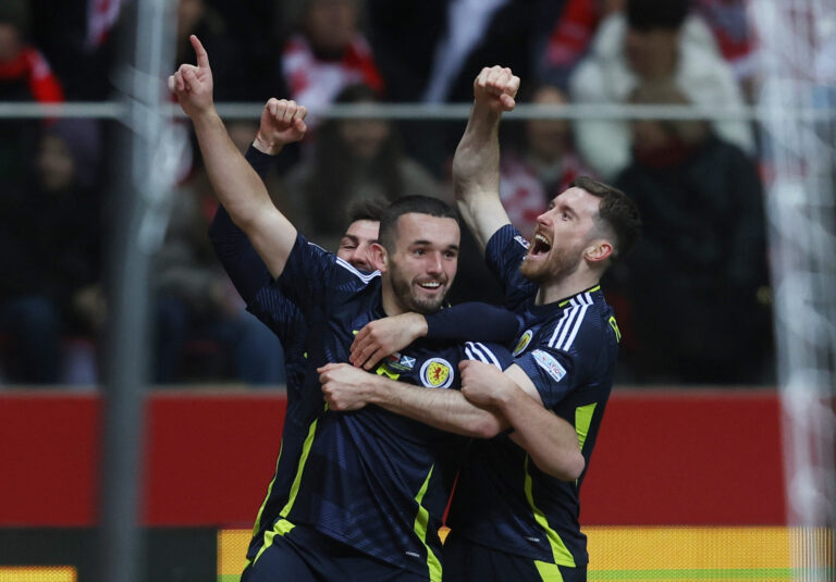 Soccer Football - Nations League - Group Stage - Poland v Scotland - Kazimierz Gorski National Stadium, Warsaw, Poland - November 18, 2024 Scotland's John McGinn celebrates scoring their first goal with with teammates,Image: 936018219, License: Rights-managed, Restrictions: , Model Release: no, Credit line: Kacper Pempel / Reuters / Forum