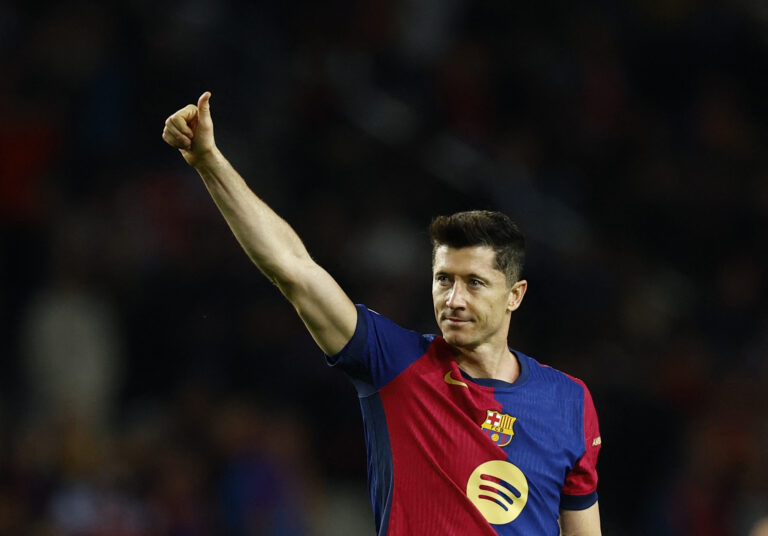 Soccer Football - Champions League - FC Barcelona v Brest - Estadi Olimpic Lluis Companys, Barcelona, Spain - November 26, 2024 FC Barcelona's Robert Lewandowski celebrates after the match,Image: 939617476, License: Rights-managed, Restrictions: , Model Release: no, Credit line: Albert Gea / Reuters / Forum