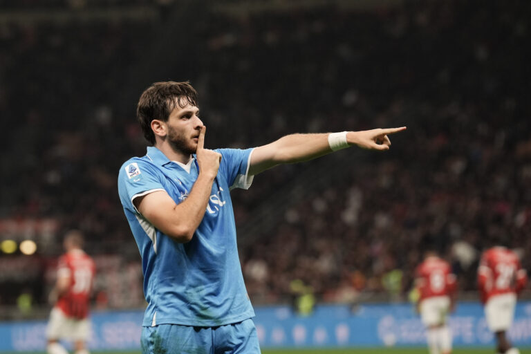 Napoli's Khvicha Kvaratskhelia celebrates after scoring the 0-2 goal for his team during the Serie A Enilive 2024/2025 match between Milan and Napoli at the San Siro Stadium in Milan, North Italy - Sport, Soccer Tuesday October 29, 2024 (Photo by Massimo Paolone/LaPresse) (Photo by Massimo Paolone/LaPresse/Sipa USA)
2024.10.29 Mediolan
pilka nozna liga wloska
AC Milan - SSC Napoli
Foto Massimo Paolone/LaPresse/SIPA USA/PressFocus

!!! POLAND ONLY !!!