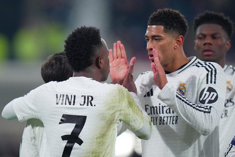 Real MadridÕs Vinicius Junior , Real Madrid's Jude Bellingham  celebrates after scoring  1-2  during the Uefa Champions League soccer match between Atalanta and Real Madrid  a at the Gewiss Stadium in Bergamo, north Italy - Tuesday , December  10  , 2024. Sport - Soccer . (Photo by Spada/LaPresse) (Photo by Spada/LaPresse/Sipa USA)
2024.12.10 Bergamo
pilka nozna liga mistrzow
Atalanta - Real Madryt
Foto LaPresse/SIPA USA/PressFocus

!!! POLAND ONLY !!!