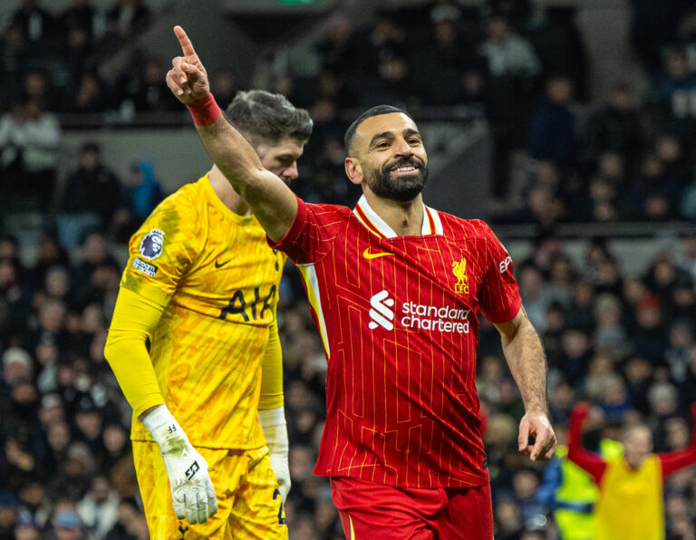 (241223) -- LONDON, Dec. 23, 2024 (Xinhua) -- Liverpool's Mohamed Salah (R) celebrates after scoring his side's fifth goal during the English Premier League match between Tottenham Hotspur and Liverpool in London, Britain, on Dec. 22, 2024. (Xinhua)
FOR EDITORIAL USE ONLY. NOT FOR SALE FOR MARKETING OR ADVERTISING CAMPAIGNS. NO USE WITH UNAUTHORIZED AUDIO, VIDEO, DATA, FIXTURE LISTS, CLUB/LEAGUE LOGOS OR "LIVE" SERVICES. ONLINE IN-MATCH USE LIMITED TO 45 IMAGES, NO VIDEO EMULATION. NO USE IN BETTING, GAMES OR SINGLE CLUB/LEAGUE/PLAYER PUBLICATIONS.

2024.12.22 Londyn
pilka nozna liga angielska
Tottenham Hotspur - FC Liverpool
Foto Li Ying/Xinhua/PressFocus

!!! POLAND ONLY !!!