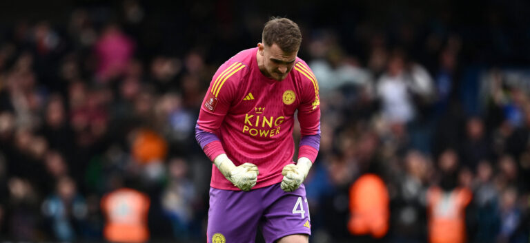 Soccer Football - FA Cup - Quarter Final - Chelsea v Leicester City - Stamford Bridge, London, Britain - March 17, 2024 Leicester City's Jakub Stolarczyk celebrates their second goal, scored by Stephy Mavididi,Image: 857547063, License: Rights-managed, Restrictions: , Model Release: no, Credit line: Dylan Martinez / Reuters / Forum