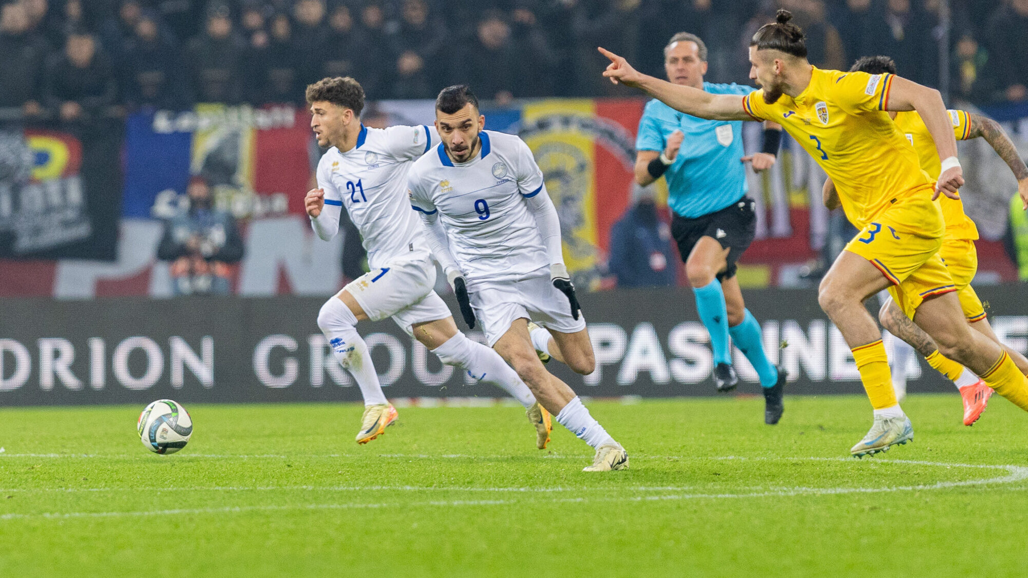 Marinos Tzionis of Cyprus, Ioannis Pittas of Cyprus and Radu Dragusin of Romania in action during the UEFA Nations League, League C, Group C2 football match between Romania and Cyprus on 18 November 2024 at Arena Nationala in Bucharest, Romania (Photo by /Sipa USA)
2024.11.18 Bukareszt
pilka nozna , liga narodow
Rumunia - Cypr
Foto Mihnea Tatu/DPPI/IPA Sport 2/ipa-agency.net/SIPA USA/PressFocus

!!! POLAND ONLY !!!