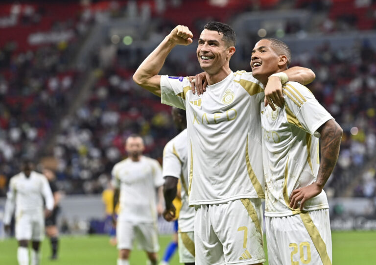 (241126) -- AL KHOR, Nov. 26, 2024 (Xinhua) -- Cristiano Ronaldo (L) of Al Nassr FC celebrates after scoring opening goal during the AFC Champions League elite football match between Qatar's Al Gharafa SC and Saudi Arabia's Al Nassr FC at Al-Bayt Stadium in Al Khor, Qatar, on Nov. 25, 2024. (Photo by Nikku/Xinhua)

2024.11.25 Al Khor
pilka nozna azjatycka liga mistrzow
Al Gharafa SC - Al Nassr FC
Foto Nikku/Xinhua/PressFocus

!!! POLAND ONLY !!!